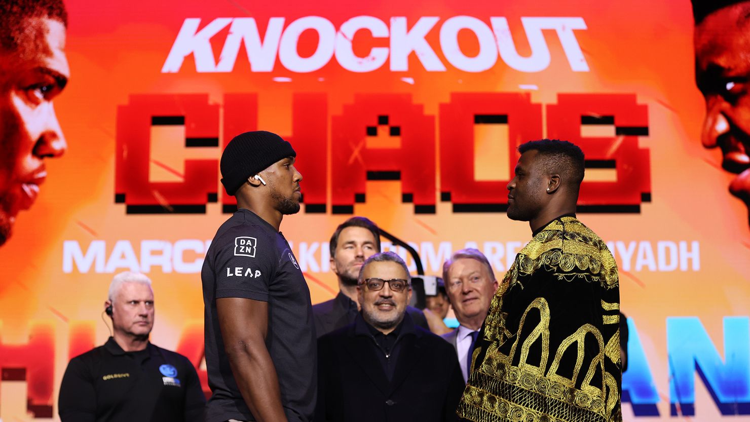 Anthony Joshua and Francis Ngannou face off ahead of their fight.