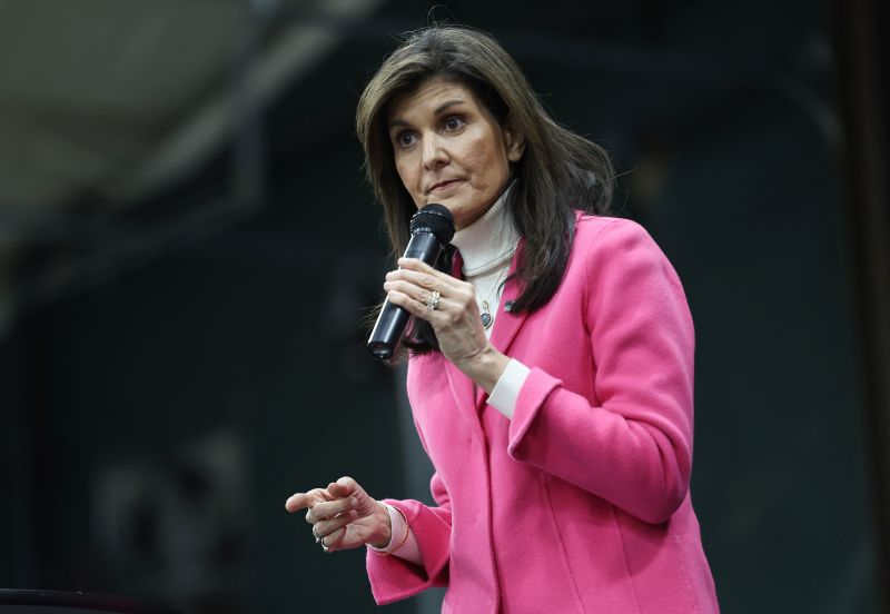 Republican presidential candidate former U.N. Ambassador Nikki Haley visits a caucus site at the Horizon Event Center on January 15, 2024 in Clive, Iowa.