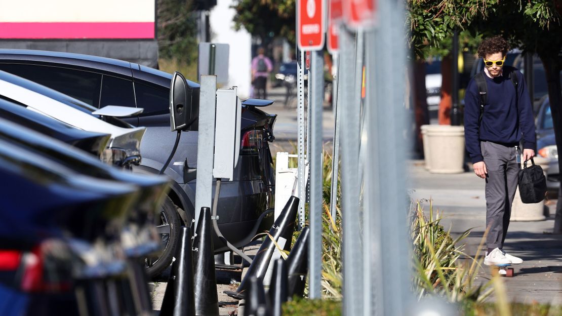 Electric cars at a Tesla dealership in January in Burbank, California.