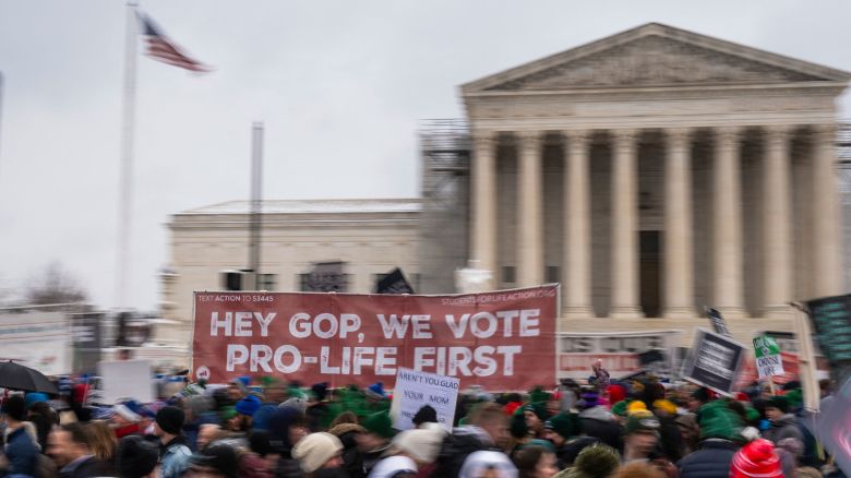 A banner reading 'Hey GOP, we vote pro-life first' is held up amidst a crowd of people outside the U.S. Supreme Court Building.