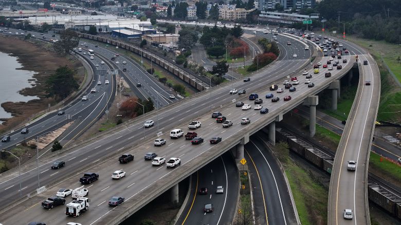 In an aerial view, cars travel along Interstate 80 on January 16, 2024 in Berkeley, California.
