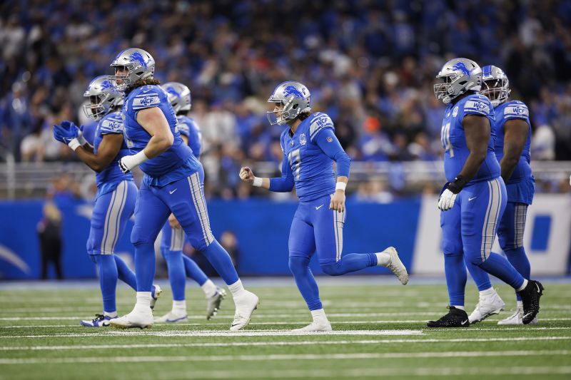 Michael Badgley #17 of the Detroit Lions celebrates with the team after making a field goal during an NFC Wild Card Playoff football game against the Los Angeles Rams at Ford Field on January 14, 2024 in Detroit, Michigan.