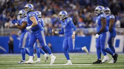 Michael Badgley #17 of the Detroit Lions celebrates with the team after making a field goal during an NFC Wild Card Playoff football game against the Los Angeles Rams at Ford Field on January 14, 2024 in Detroit, Michigan.