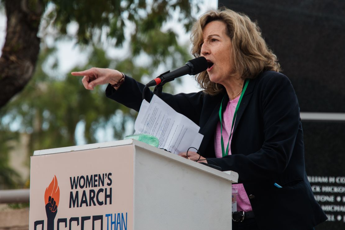 Kirsten Engel, US Democratic Representative candidate for Arizona, speaks during a Women's March rally in Phoenix, Arizona, US, on Saturday, Jan. 20, 2024. The annual march is taking place ahead of the anniversary of the US Supreme Court's Roe v. Wade ruling enshrining a women's right to abortion, which was overturned in 2022. Photographer: Caitlin O'Hara/Bloomberg via Getty Images