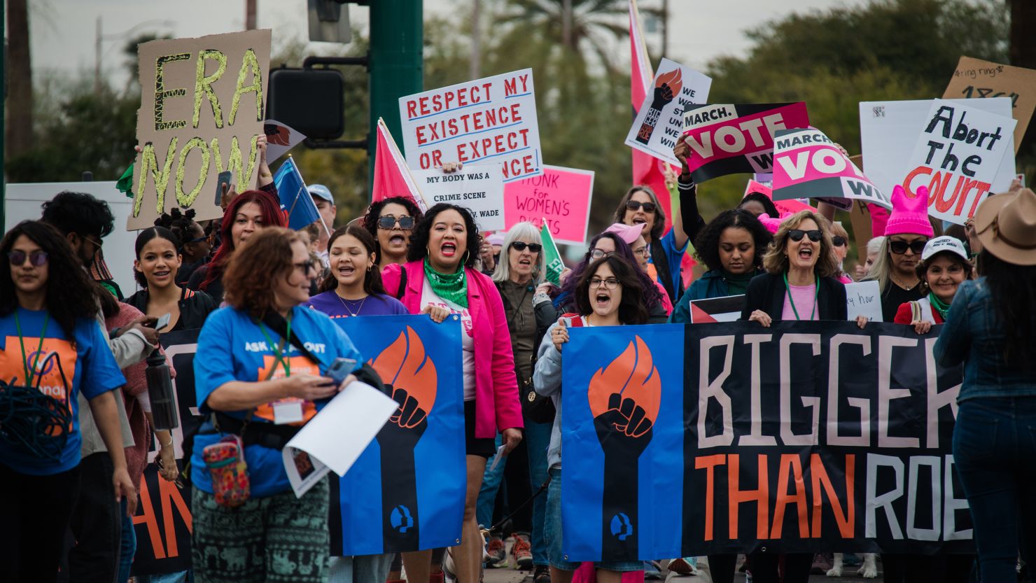 Demonstrators during a Women's March rally in Phoenix, Arizona, US, on Saturday, Jan. 20, 2024. The annual march is taking place ahead of the anniversary of the US Supreme Court's Roe v. Wade ruling enshrining a women's right to abortion, which was overturned in 2022. Photographer: Caitlin O'Hara/Bloomberg via Getty Images