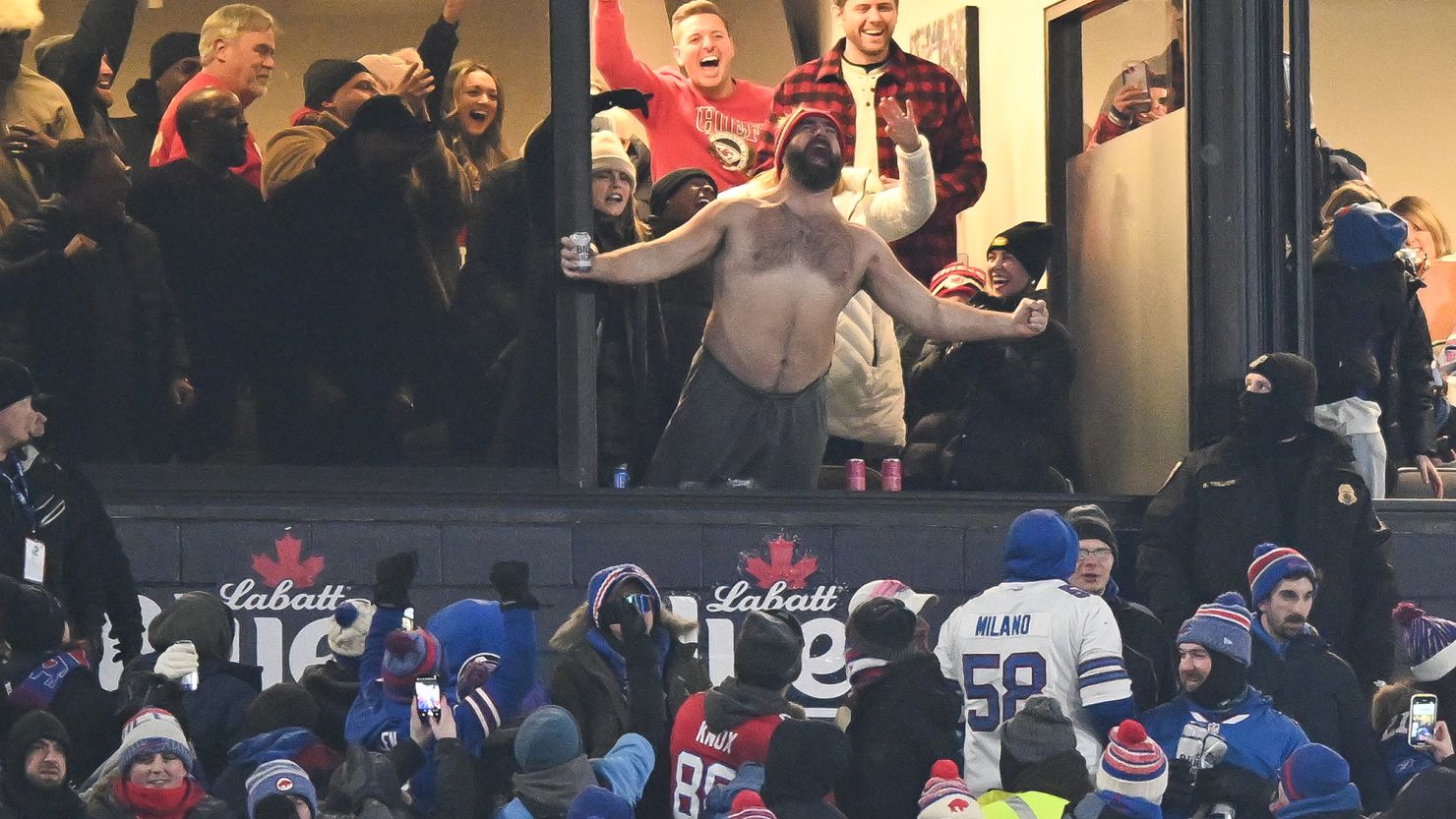 Philadelphia Eagles center Jason Kelce celebrating his brother's touchdown for the Kansas City Chiefs on January 21.