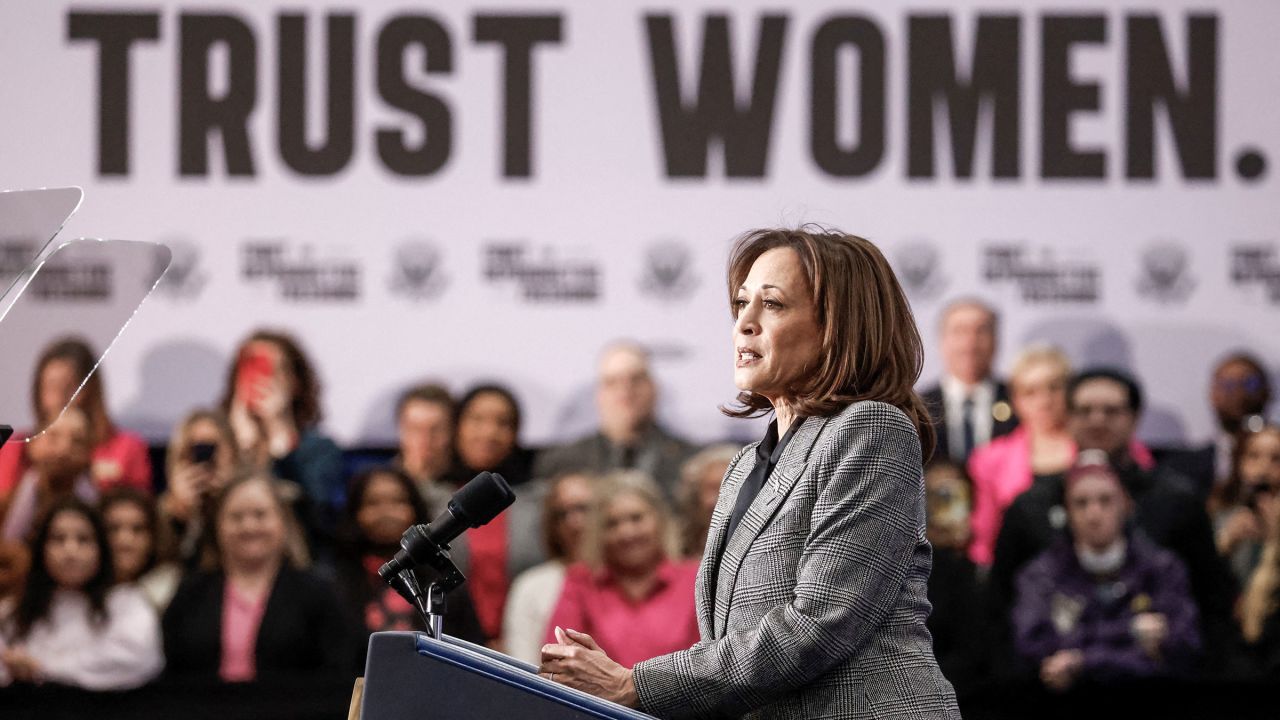 Vice President Kamala Harris speaks at her Fight for Reproductive Freedoms Tour at the International Union of Painters and Allied Trades District Council 7 in Big Bend, Wisconsin, on January 22.