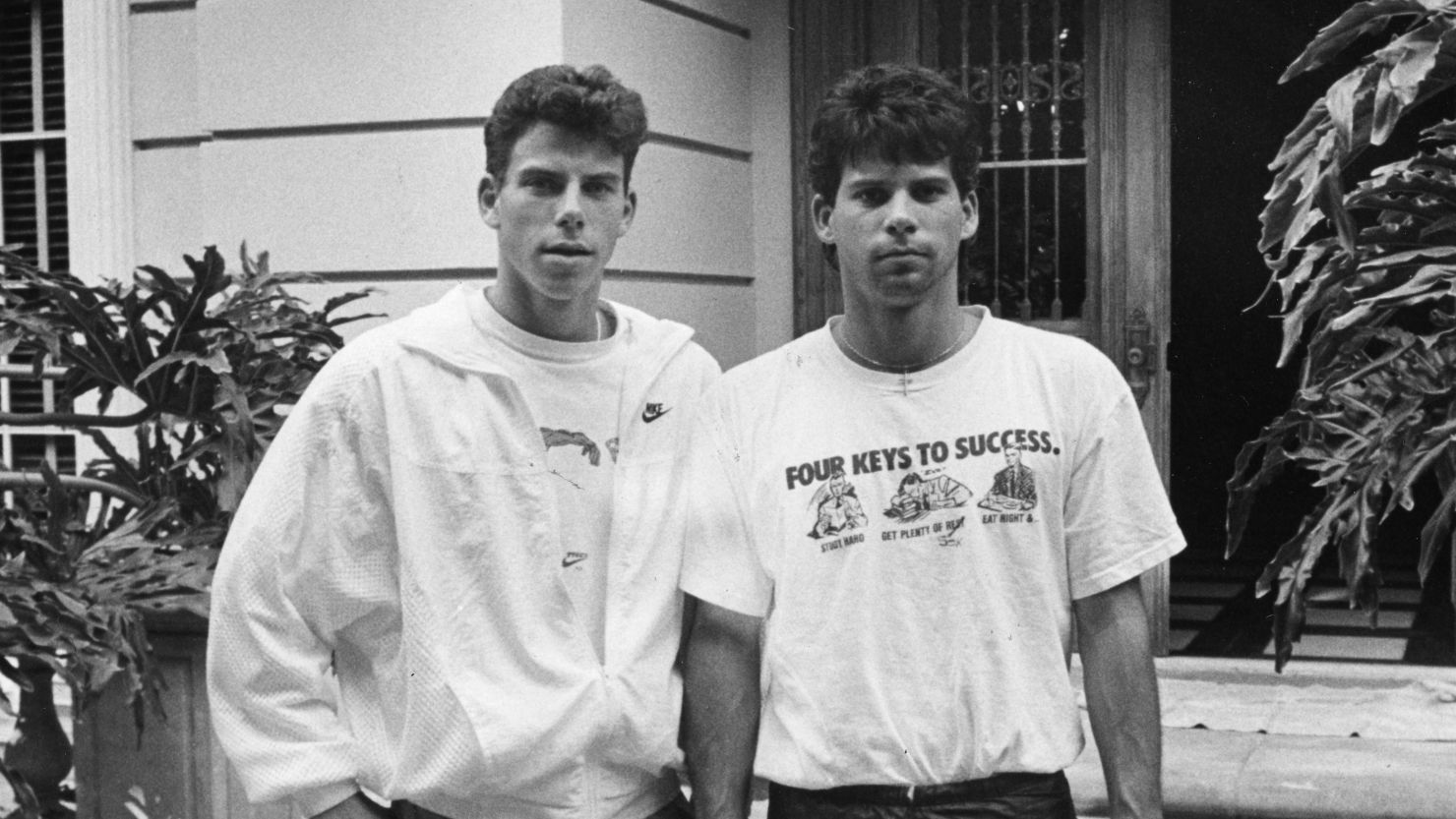 Erik Menendez, left, and is brother Lyle, in front of their former Beverly Hills home.