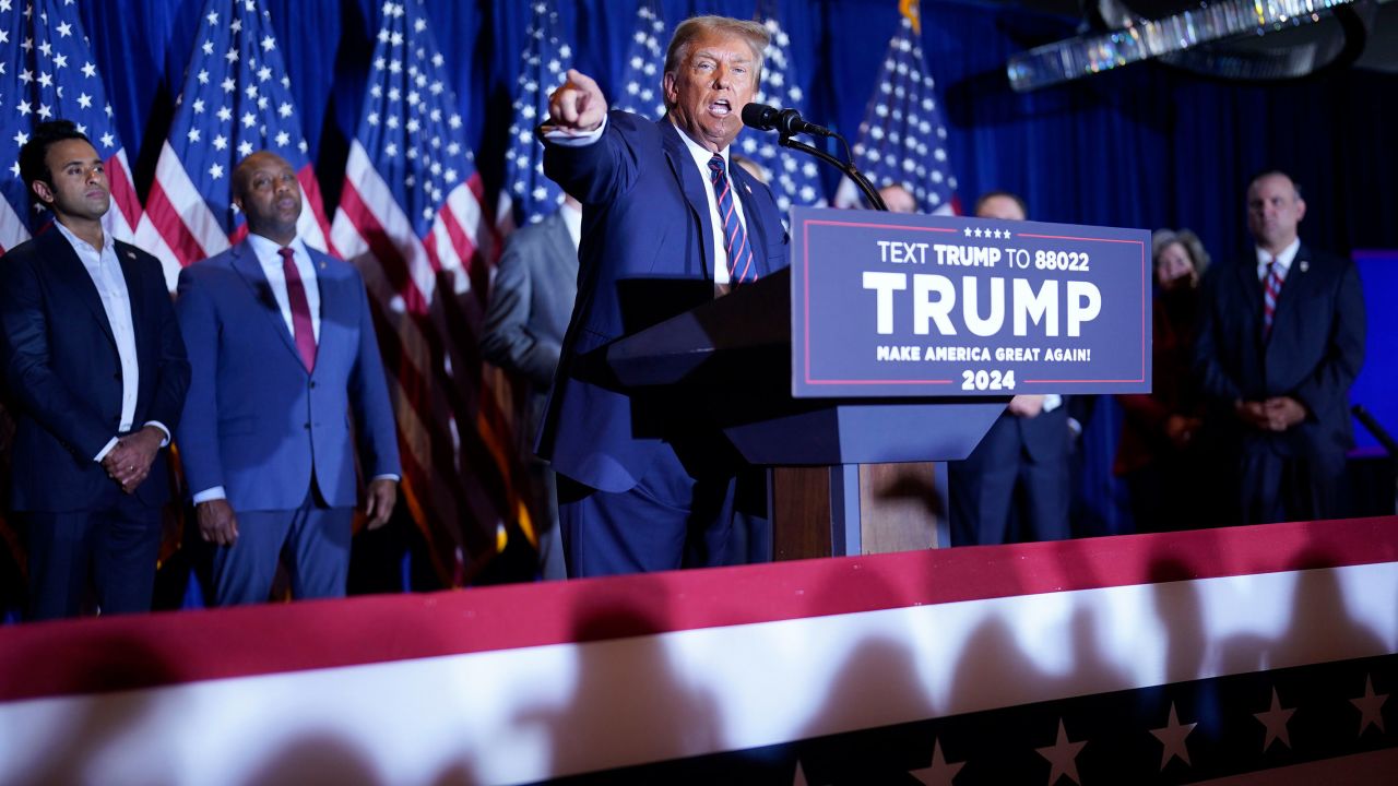 Former President Donald Trump speaks in Nashua, New Hampshire, on January 23, 2024, after he was projected to win the state's Republican primary.