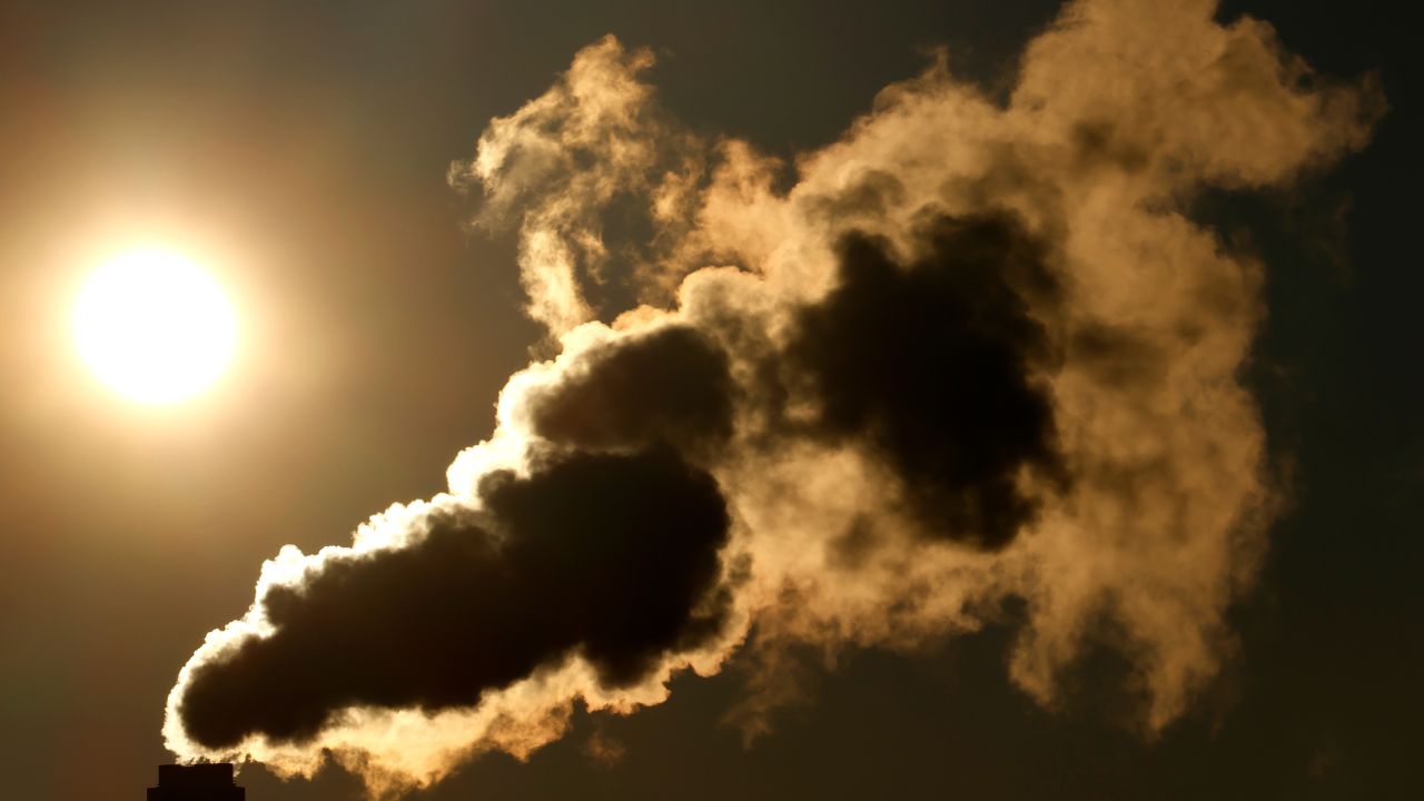 NEWARK, NJ - JANUARY 21: An emission comes out of a smoke stack at the Essex County Resource Recovery Waste-to-Energy Facility as the sun rises on January 21, 2024, in Newark, New Jersey.  (Photo by Gary Hershorn/Getty Images)