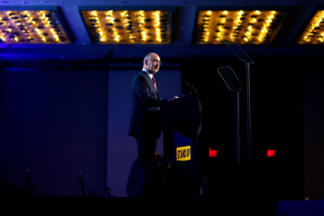 Shawn Fain, president of the United Auto Workers, speaks at the United Auto Workers conference in Washington, DC, on Wednesday.