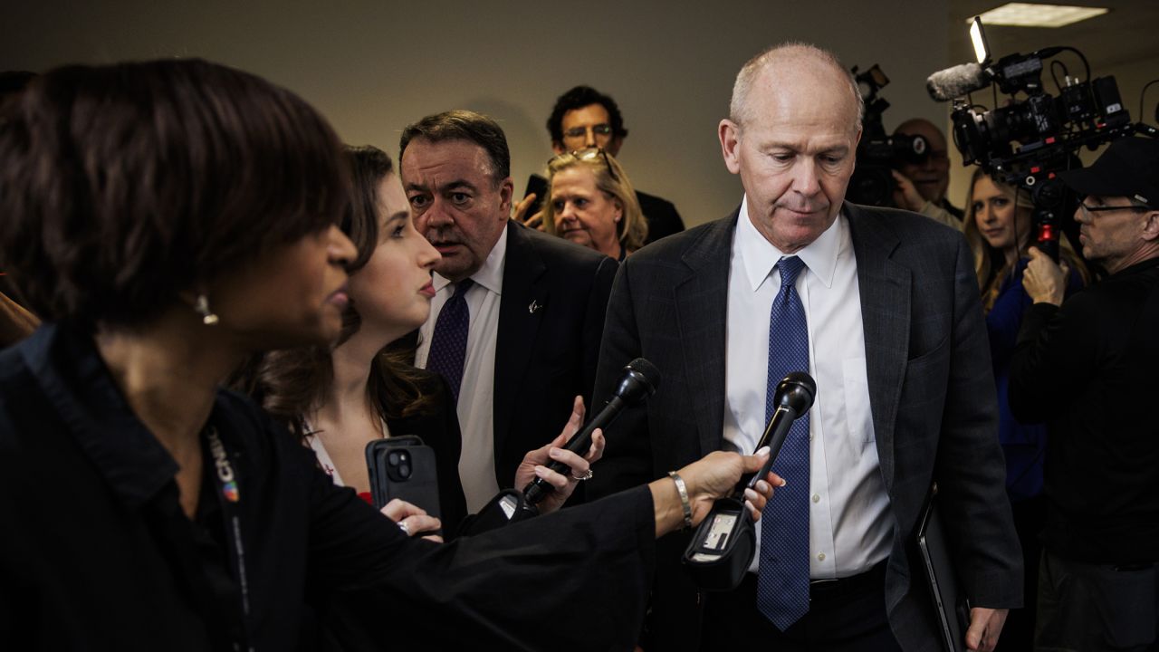 Dave Calhoun, chief executive officer of Boeing Co., center right, on Capitol Hill in Washington, DC, US, on Wednesday, Jan. 24, 2024. The company is working to assure airline customers and the Federal Aviation Administration that its jets are safe after a January 5 accident, which involved a faulty door panel on a 737 Max 9 aircraft operated by Alaska Airlines.