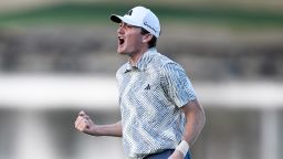 LA QUINTA, CALIFORNIA - JANUARY 21: Nick Dunlap of the United States reacts to winning The American Express on the 18th green at Pete Dye Stadium Course on January 21, 2024 in La Quinta, California. (Photo by Orlando Ramirez/Getty Images)