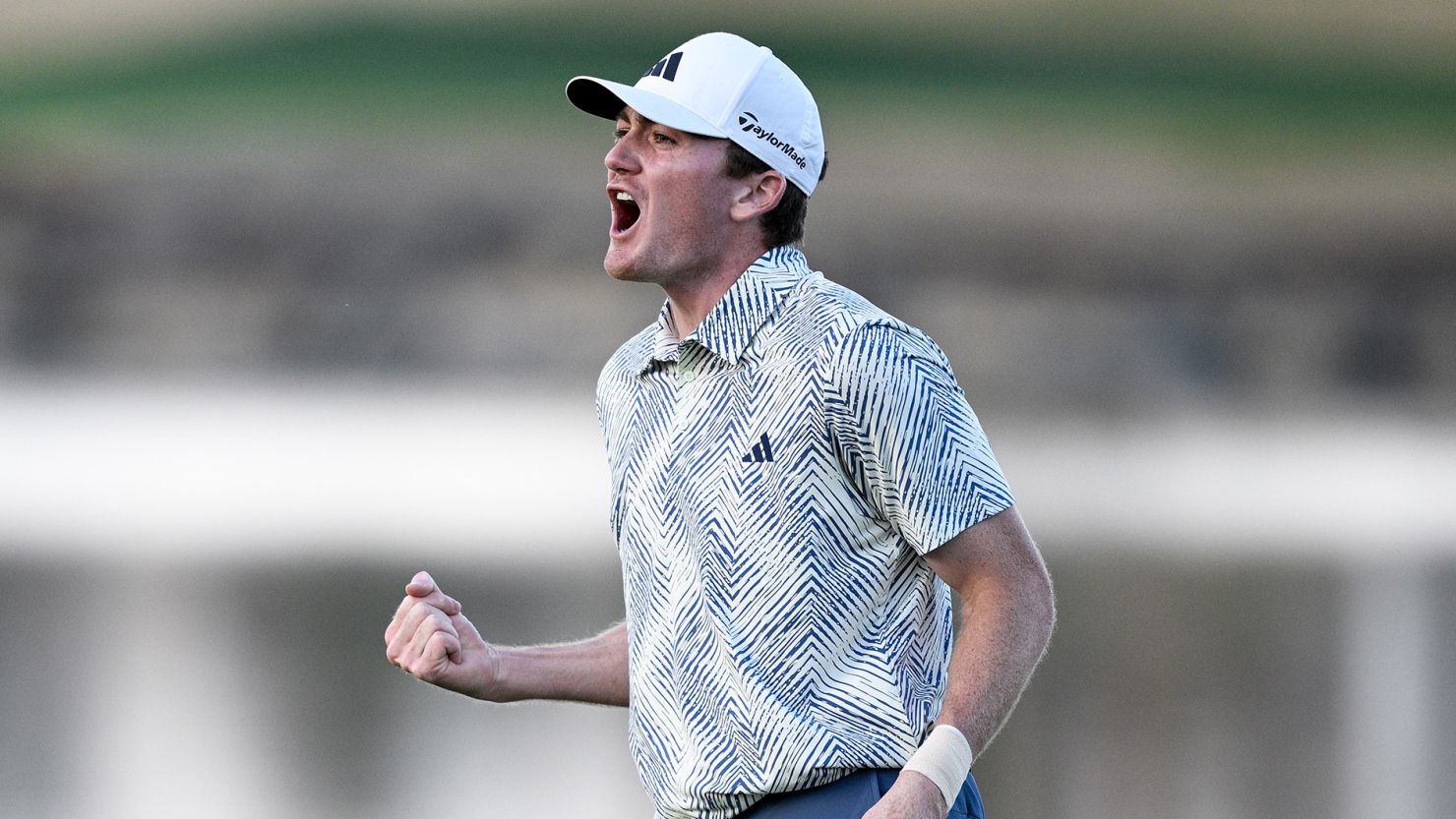 Nick Dunlap reacts to winning The American Express on the 18th green at Pete Dye Stadium Course on January 21, 2024.
