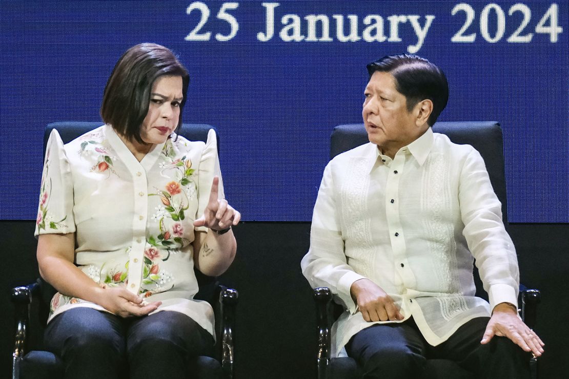 Philippine President Ferdinand Marcos Jr. and Vice President Sara Duterte attend an education-related event in Manila on January 25, 2024.