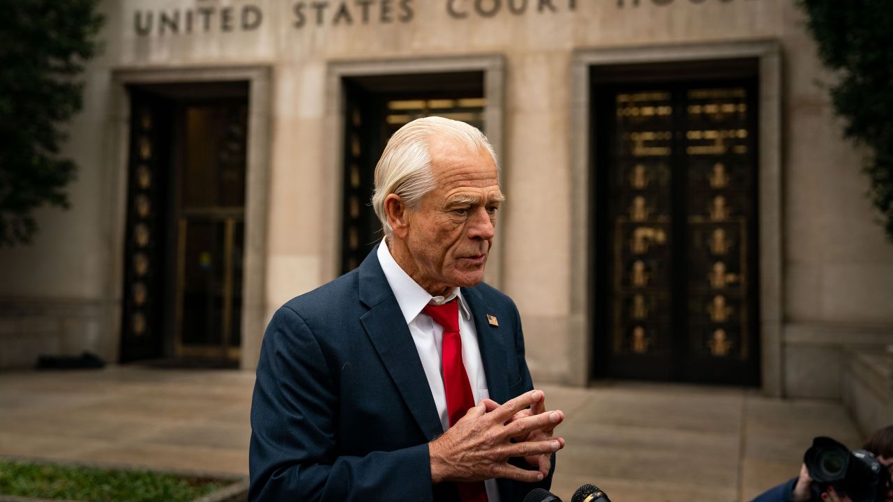 Peter Navarro, former White House trade adviser, speaks to members of the media while arriving for his sentencing at federal court in Washington on Thursday, January 25, 2024.