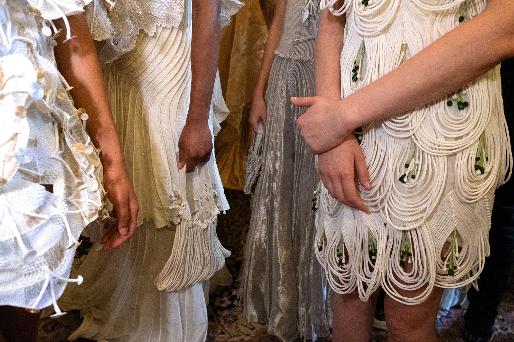 Models pose backstage at the Vaishali Haute Couture Spring-Summer 2024 show during Paris Fashion Week.