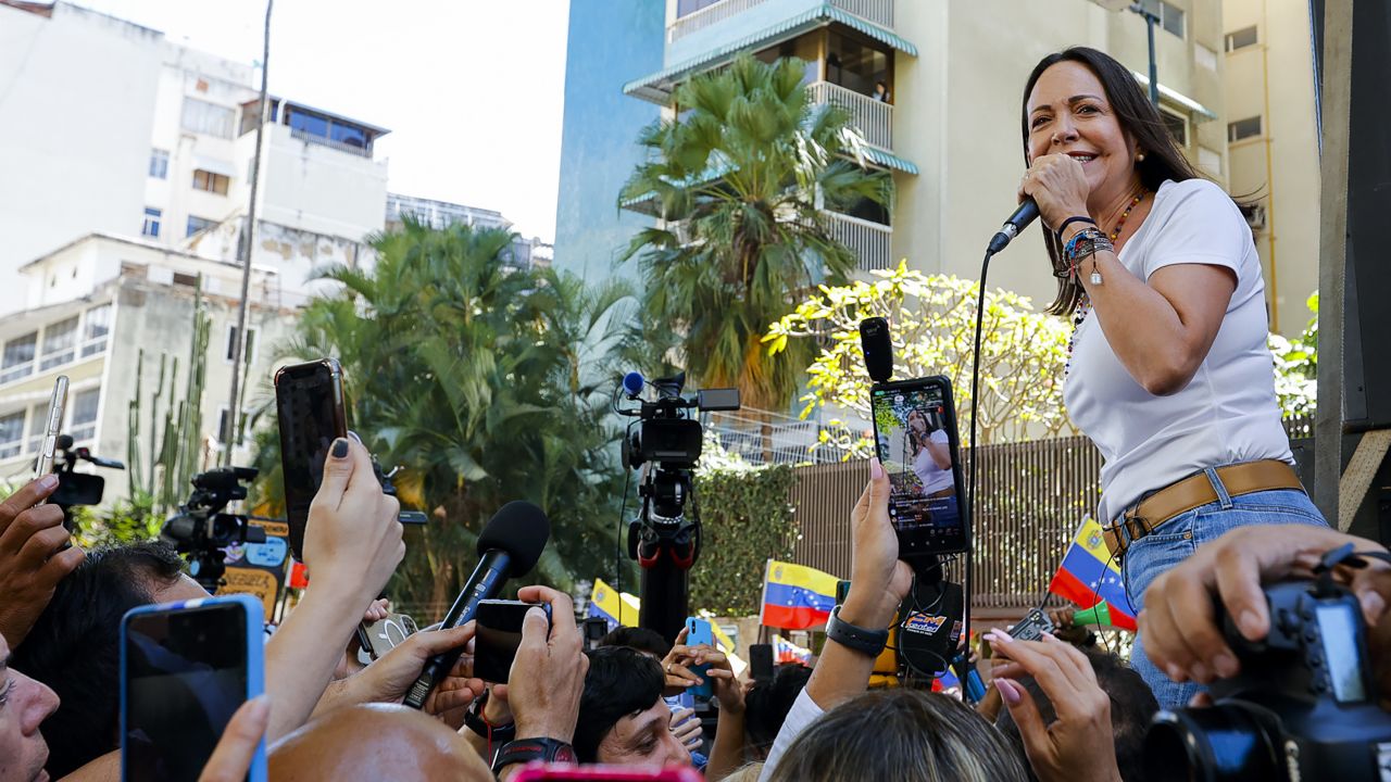 CARACAS, VENEZUELA - JANUARY 23: Presidential Candidate Maria Corina Machado of Vente Venezuela Party holds a rally at Plaza Francia de Altamira on January 23, 2024 in Caracas, Venezuela. Machado, currently barred from public office, holds a legal battle to participate in the next presidential elections. The officialism also called for a rally to show its muscle in the streets of Caracas. (Photo by Javier Campos/Getty Images)