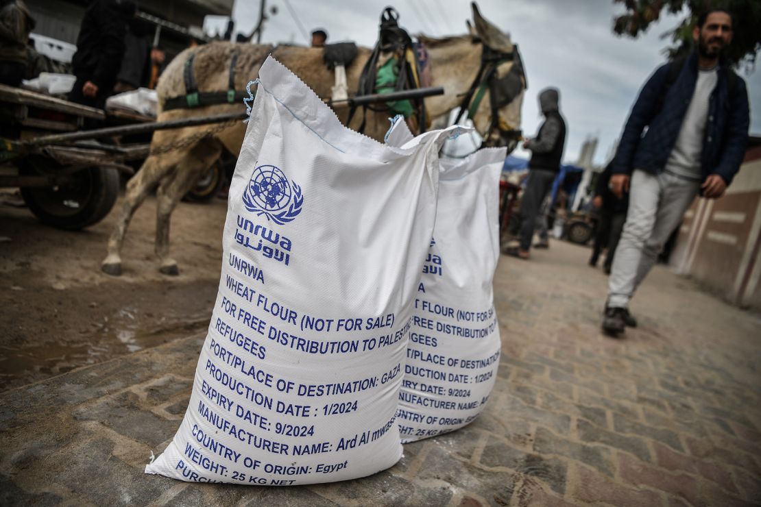 Rafa, Gaza, Jan. 28: Bags of flour are seen at the area where UNRWA distributes flour to families.