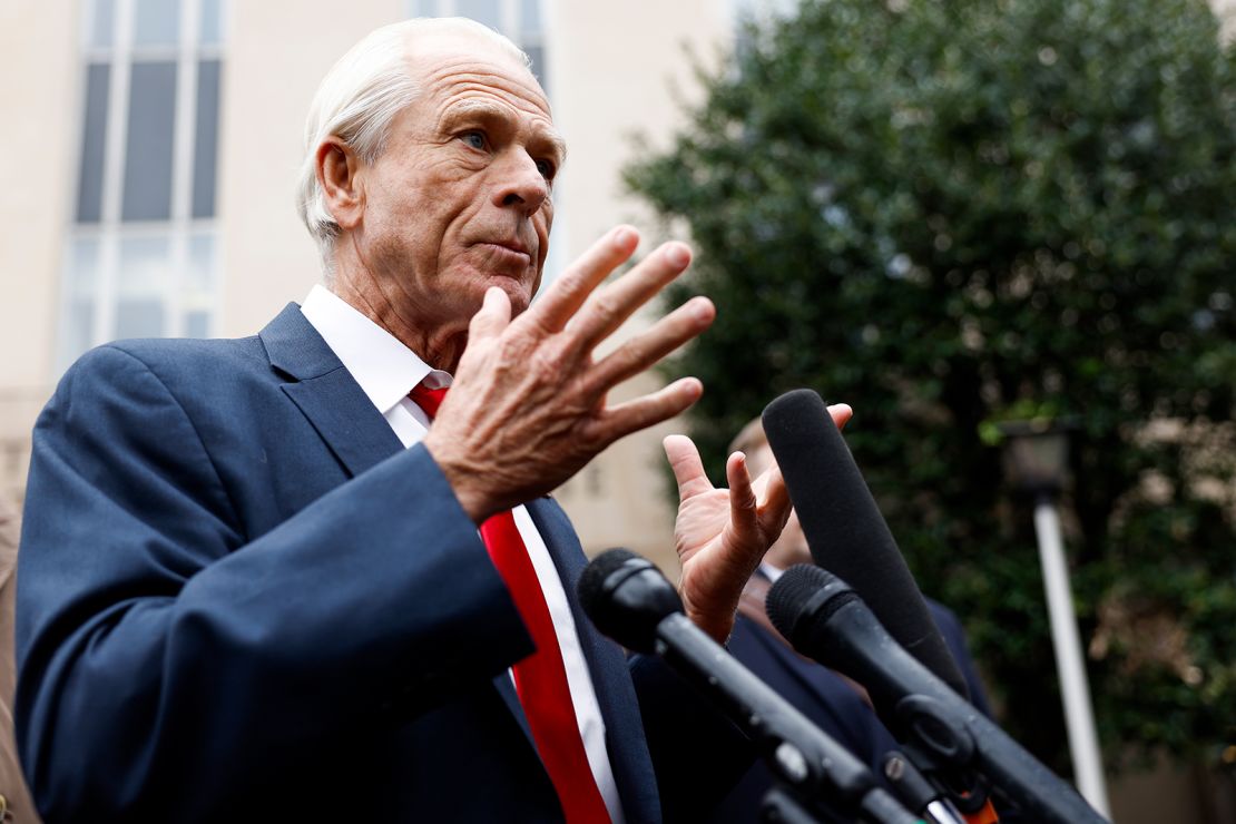 Peter Navarro, a former advisor to former US President Donald Trump, speaks to reporters as he departs the E. Barrett Prettyman Courthouse on January 25, 2024, in Washington, DC.