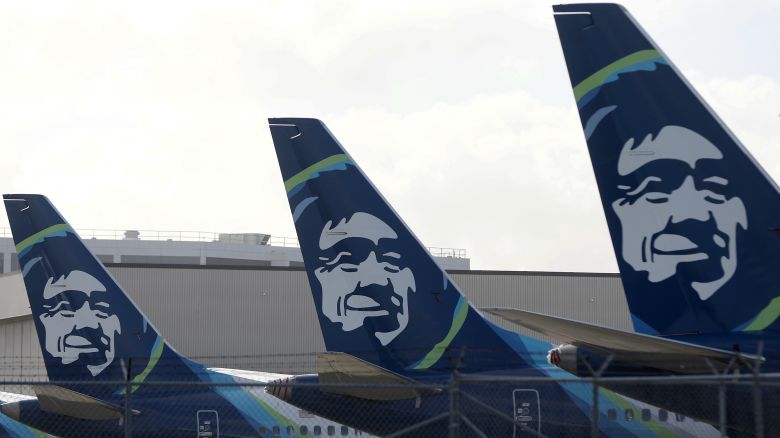 The Alaska Airlines logo is displayed on the tail section of Alaska Airlines planes a San Francisco International Airport on January 25, 2024 in San Francisco, California.