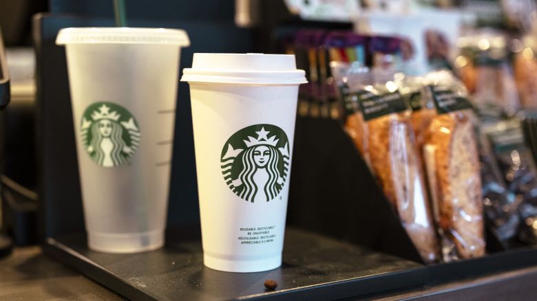 A reusable cup for sale at a Starbucks coffee shop in Albany, New York, US, on Tuesday, Jan. 30, 2024. Starbucks Corp. released earnings figures on January 30.