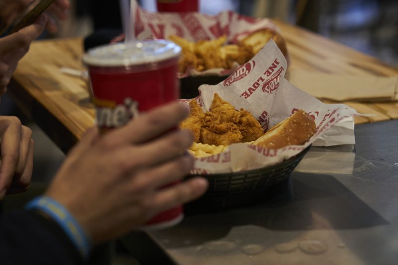 A chicken tender box combo meal during opening day at a Raising Cane's restaurant at the Fulton Mall in the Brooklyn borough of New York, US, on Tuesday, Jan. 30, 2024.