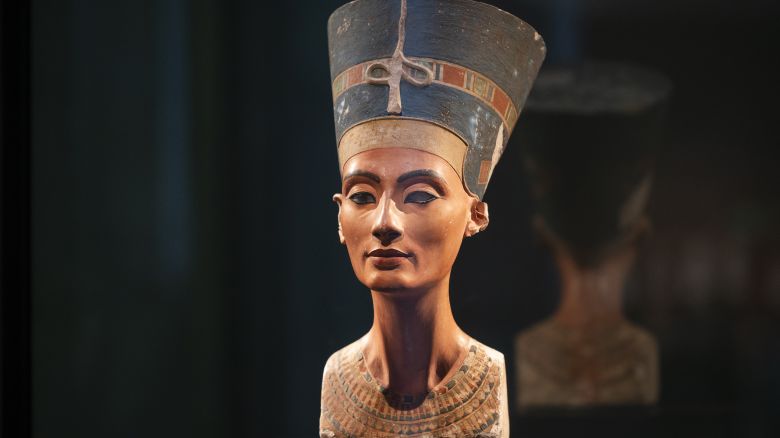 ATTENTION: EMBARGOED FOR PUBLICATION UNTIL 01 FEBRUARY 00:01 GMT! FREI FÜR DONNERSTAGAUSGABEN - 30 January 2024, Berlin: The bust of Queen Nefertiti (around 1340 BC) is on display in the Neues Museum. One hundred years ago, on April 1, 1924, the figure of the ancient Egyptian queen was presented to the public for the first time in Berlin, having been discovered twelve years earlier during excavations in Tell el-Amarna, Egypt. (to dpa-KORR Fascination and desire - Nefertiti has been attracting visitors for 100 years) Photo: Christophe Gateau/dpa (Photo by Christophe Gateau/picture alliance via Getty Images)