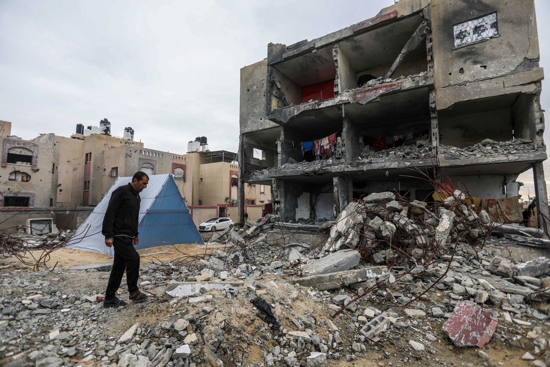 Palestinian Hamada Abu Salima, 59 -years-old, lives in a tent on the ruins of his house that was destroyed by Israeli raids on January 28, 2024 in Rafah, Gaza.