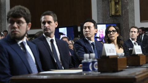 (L-R) Jason Citron, CEO of Discord; Evan Spiegel, CEO of Snap; Shou Zi Chew, CEO of TikTok; Linda Yaccarino, CEO of X; and Mark Zuckerberg, CEO of Meta, watch a video of victims before testifying at the US Senate Judiciary Committee hearing, "Big Tech and the Online Child Sexual Exploitation Crisis," in Washington, DC, on January 31, 2024.