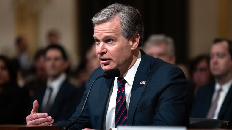 FBI Director Christopher Wray testifies during a Congressional full committee hearing in Washington, DC, on January 31, 2024.
