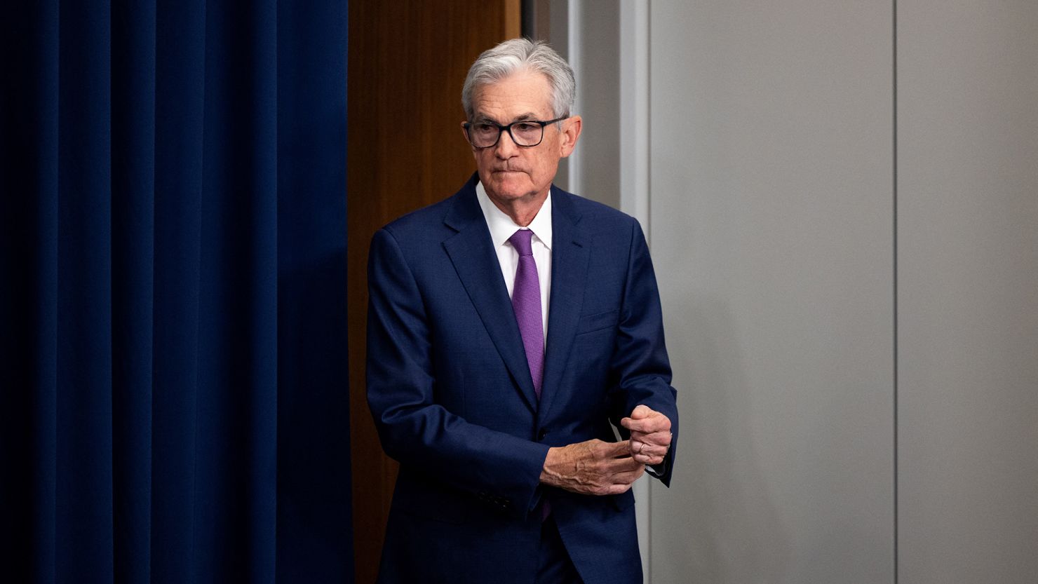 US Federal Reserve chair Jerome Powell arrives to hold a news conference after a Federal Open Market Committee meeting in Washington, DC, on January 31, 2024.