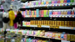 LONDON, ENGLAND - JANUARY 29: A selection of disposable vapes with bright and colourful packaging are seen in a convenience store, on January 29, 2024 in London, England. Rishi Sunak announces a ban on disposable vapes in the UK as part of government plans to tackle the rise in youth vaping and protect children's health. (Photo by Leon Neal/Getty Images)
