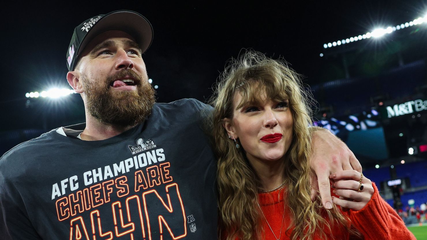Kansas City Chiefs tight end Travis Kelce celebrates with Taylor Swift after his team defeated the Baltimore Ravens in the AFC championship game on January 28.