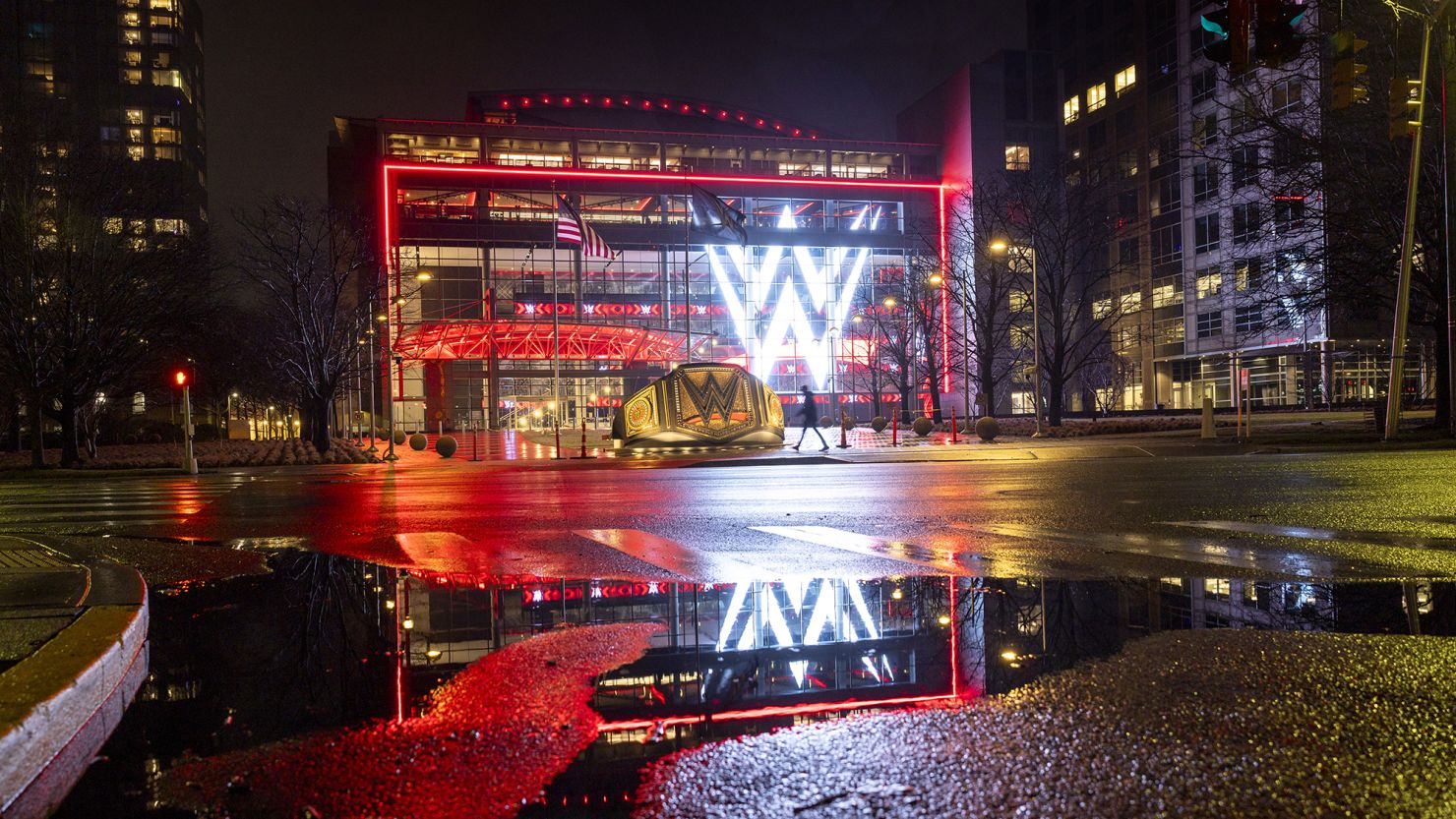 A WWE logo shines from the WWE wrestling world headquarters on January 28, 2024 in Stamford, Connecticut.