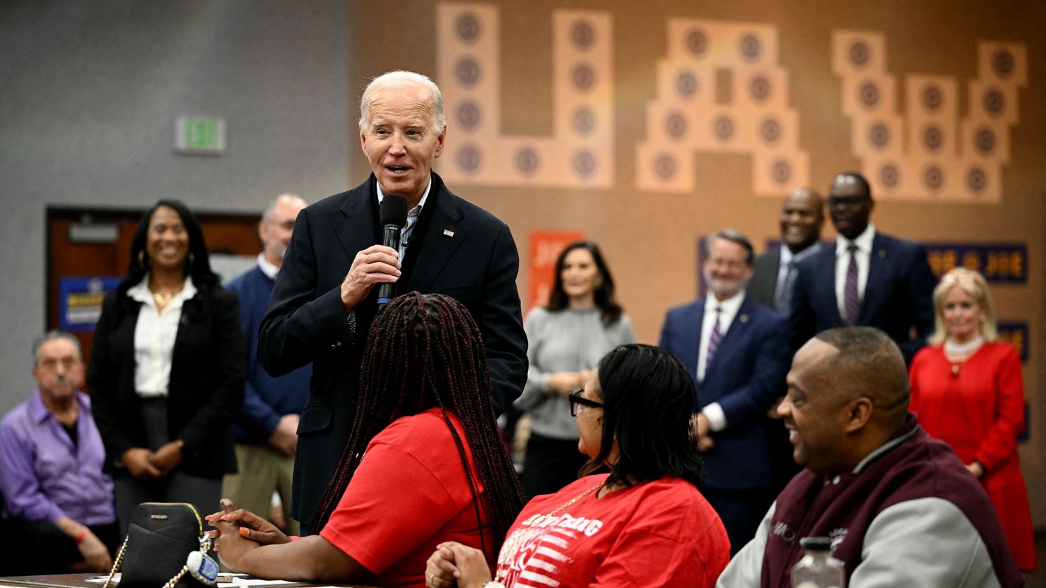 President Joe Biden speaks to members of the United Auto Workers (UAW) at the UAW National Training Center, in Warren, Michigan, on February 1.