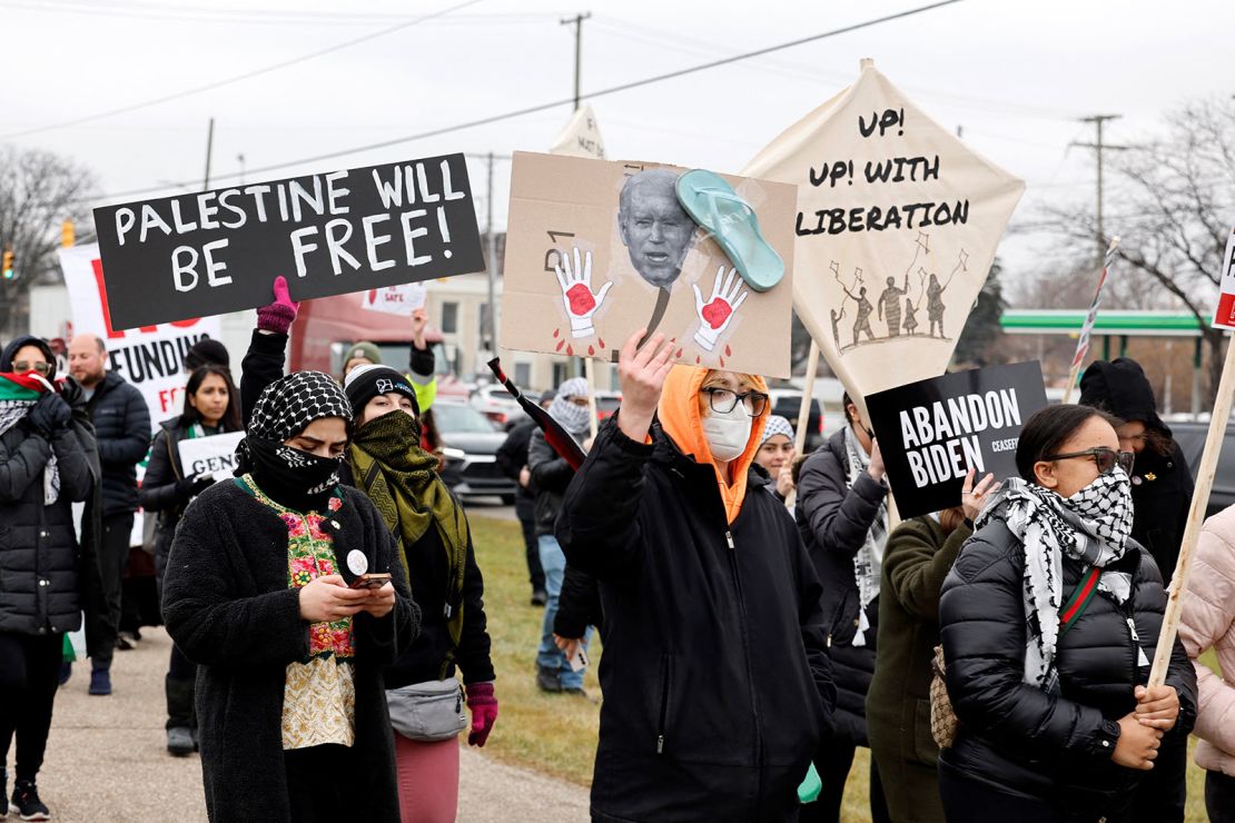 Pro-Palestinian demonstrators gather in Warren, Michigan, on February 1, 2024, outside the venue where President Joe Biden was speaking.