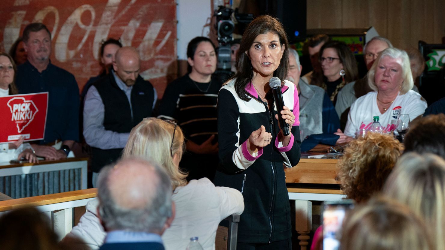Republican presidential hopeful Nikki Haley speaks during a campaign event at Forest Fire BBQ in Hilton Head, South Carolina, on February 1, 2024.