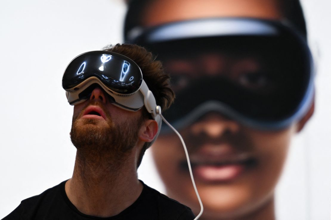 A person wears Vision Pro headset the product release at the Apple Store in New York City on February 2, 2024. The Vision Pro, the tech giant's $3,499 headset, is its first major release since the Apple Watch nine years ago.