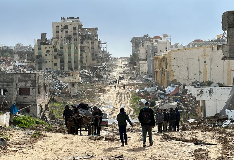 A view of destruction with destroyed buildings and roads after Israeli Forces withdrawn from the areas in Khan Yunis, Gaza on February 2, 2024.