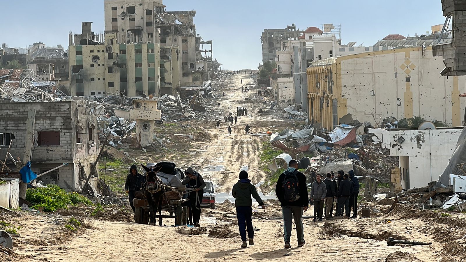 A view of destruction with destroyed buildings and roads after Israeli Forces withdrawn from the areas in Khan Yunis, Gaza on February 2, 2024.