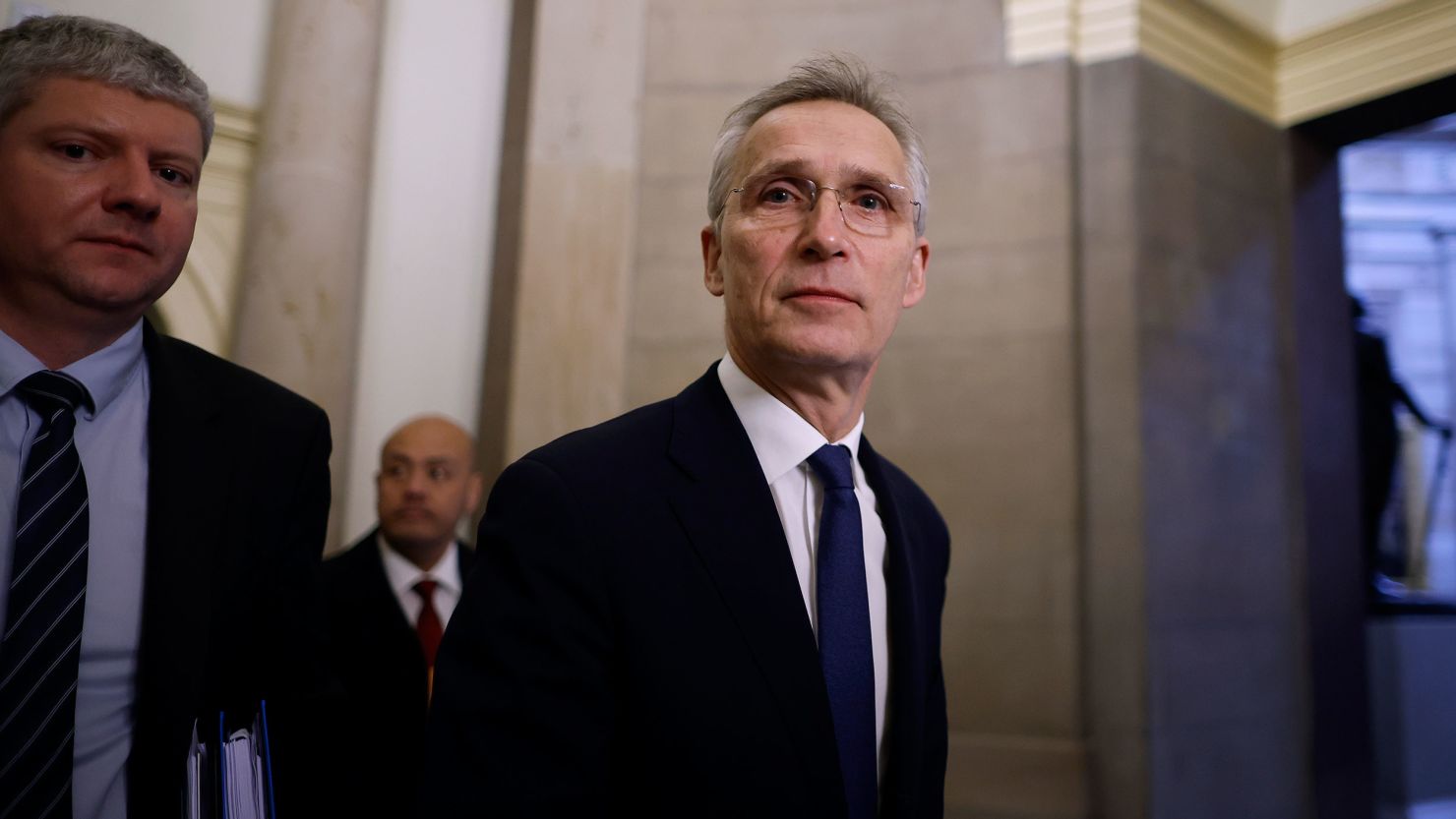 NATO Secretary General Jens Stoltenberg (C) leaves the offices of Speaker of the House Mike Johnson (R-LA) following meetings at the US Capitol on January 30, 2024, in Washington, DC.