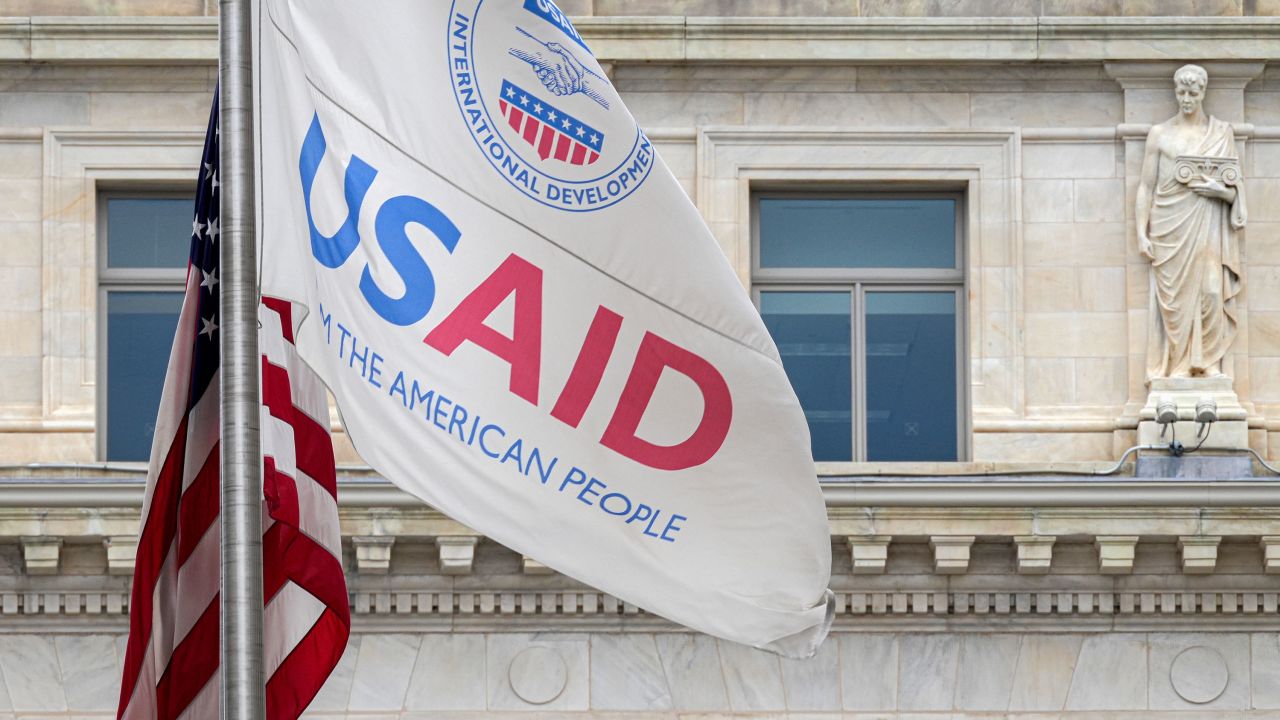 The USAID flag flies outside the agency's headquarters building in Washington, DC, on January 30, 2024.