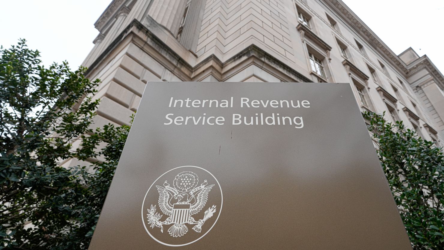 A sign marks the Internal Revenue Service headquarters building on January 30, 2024, in Washington, DC.