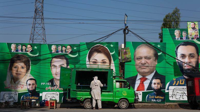 Campaign posters for Nawaz Sharif, Pakistan's former prime minister, along a street ahead of Pakistan's national election in Lahore, Pakistan, on Friday, February 2, 2024.