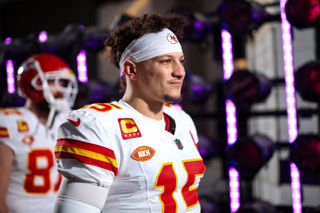 Mahomes walks out for warmups prior to the AFC championship game against the Baltimore Ravens at M&T Bank Stadium on January 28.