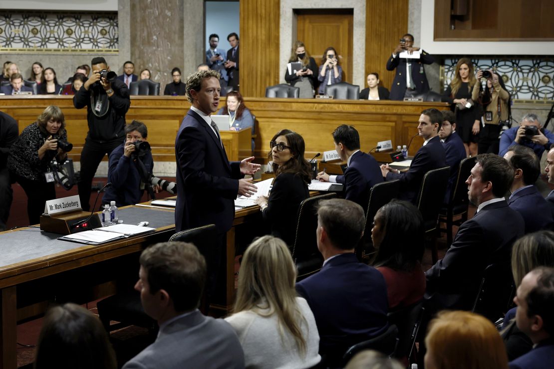 Mark Zuckerberg, CEO of Meta, speaks directly to victims and their family members during a Senate Judiciary Committee hearing at the Dirksen Senate Office Building on January 31, 2024 in Washington, DC. The committee heard testimony from the heads of the largest tech firms on the dangers of child sexual exploitation on social media.