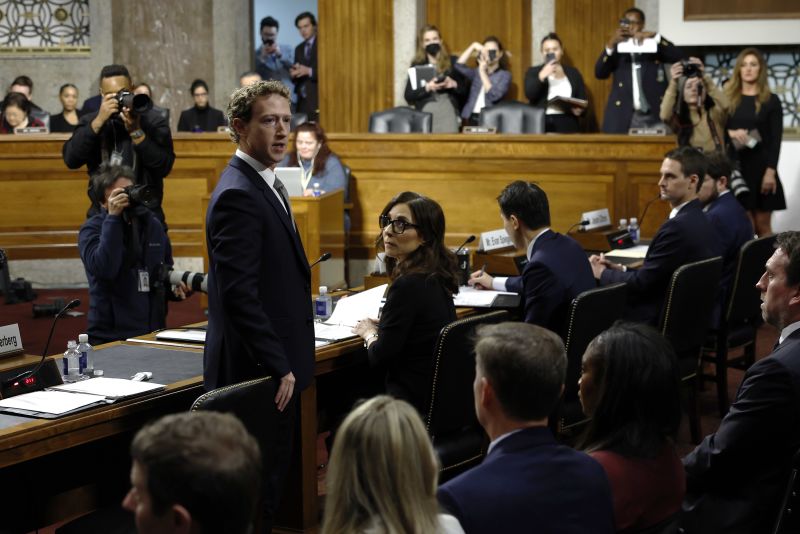 Mark Zuckerberg, CEO of Meta, speaks directly to victims and their family members during a Senate Judiciary Committee hearing at the Dirksen Senate Office Building on January 31, 2024 in Washington, DC. The committee heard testimony from the heads of the largest tech firms on the dangers of child sexual exploitation on social media.