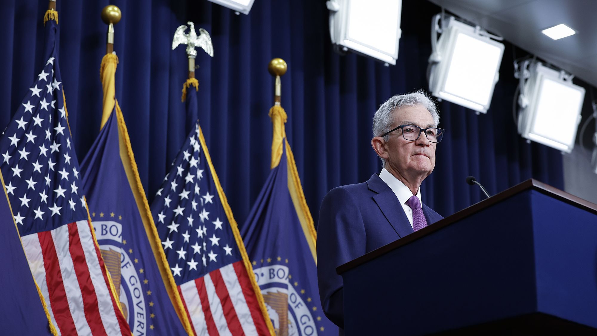 U.S. Federal Reserve Board Chairman Jerome Powell speaks during a news conference at the headquarters of the Federal Reserve on January 31, 2024 in Washington, DC.