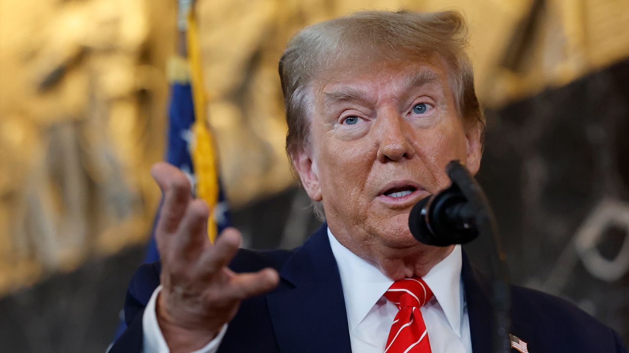 Donald Trump talks to reporters at the headquarters of the International Brotherhood of Teamsters on January 31, 2024 in Washington, DC.